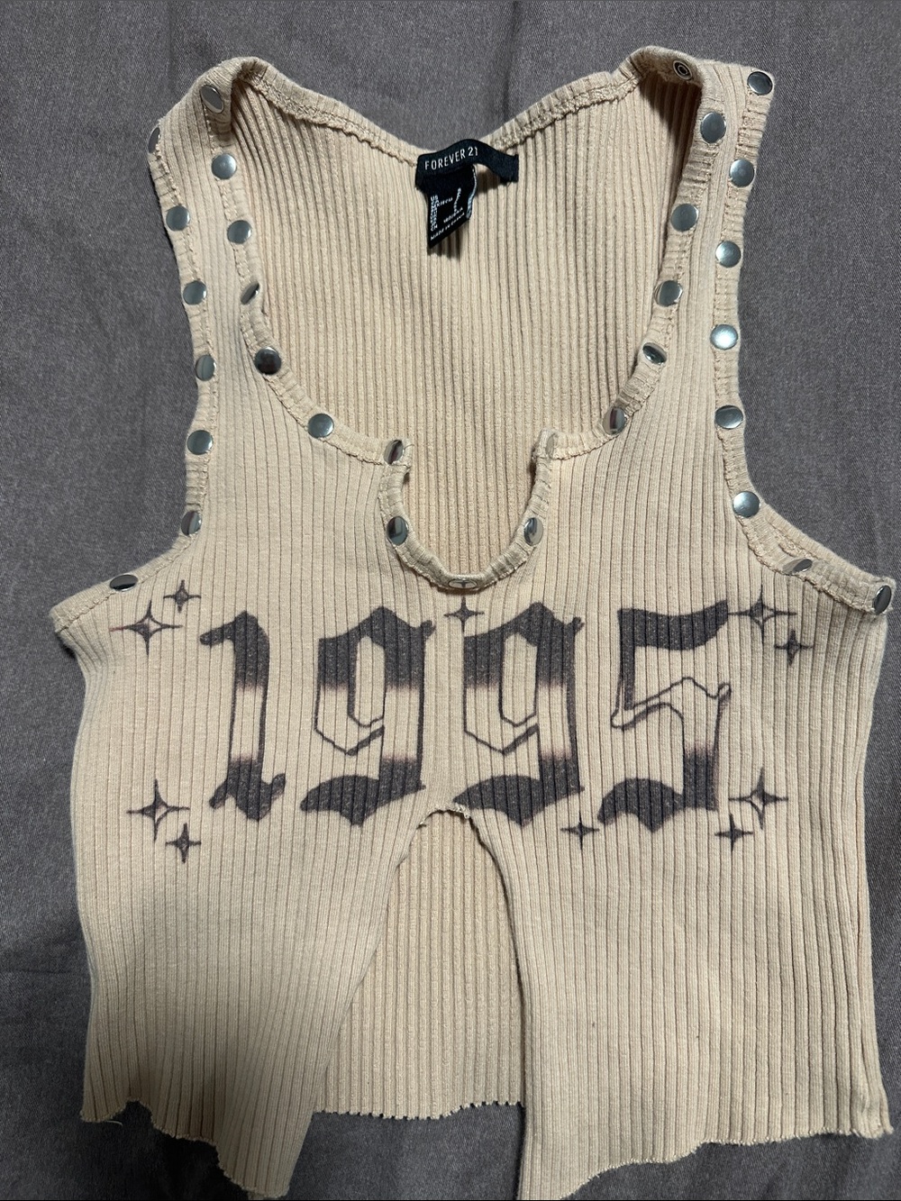 Forever 21 Beige Ribbed Tank Top with '1995' Graphic and Silver Studs